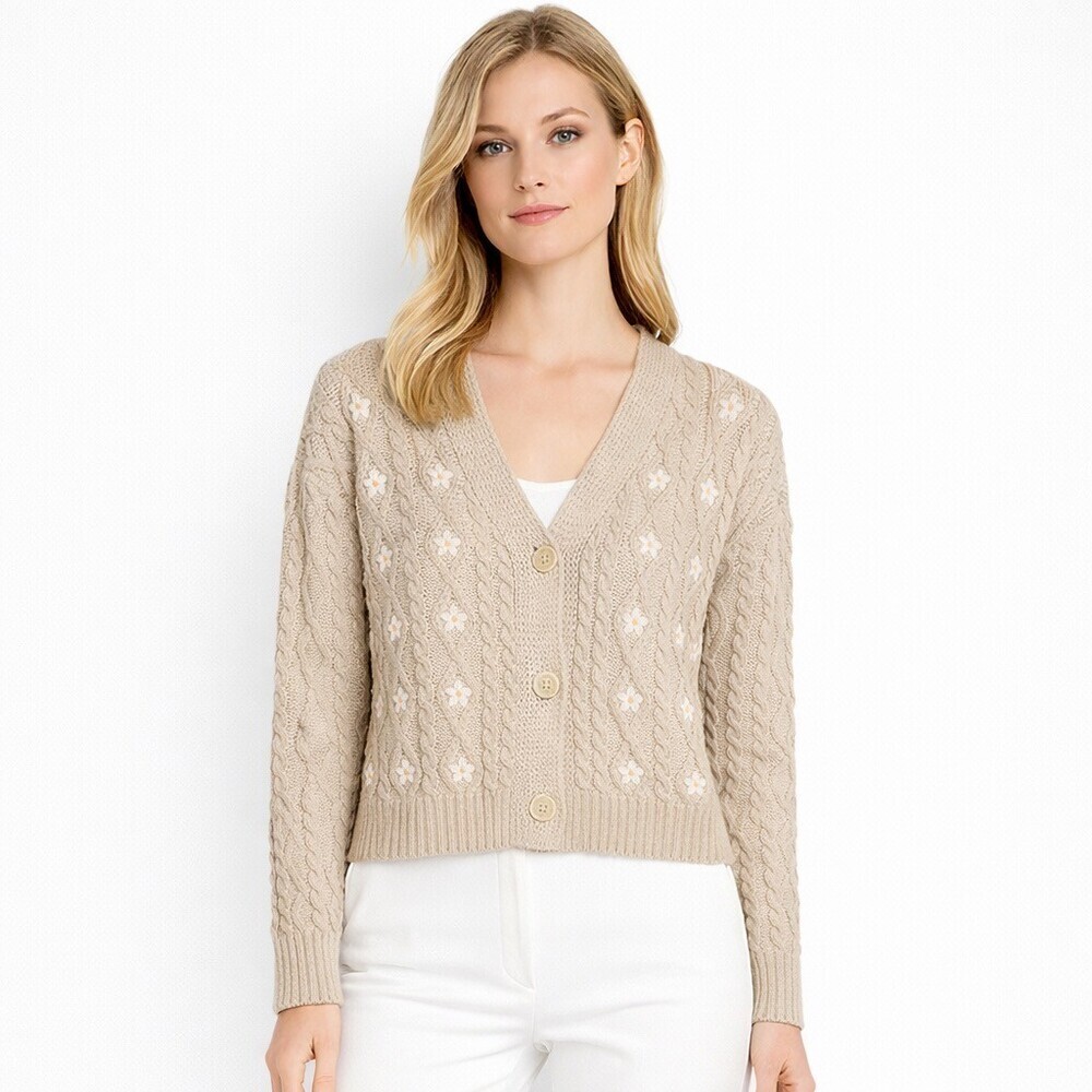 GiGi Knitwear Women's Daisy Embroidered Cable Knit Cardigan Small Tan